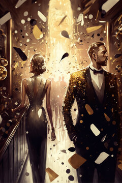 Art Deco Party Celebration Illustration, Couple at a party in the style of the early 20th century, Gatsby Style, Fashion Illustration , New Year's Eve