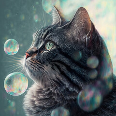 Cat and bubbles, tabby cat with soap bubbles, illustration, digital