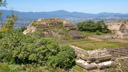 Fototapeta na wymiar Overhead view of pyramids at Monte Alban in Oaxaca, Mexico, seen from the South Platform