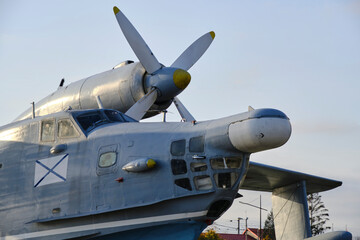 Fototapeta na wymiar Museum exhibit is an old hydro propeller aircraft.