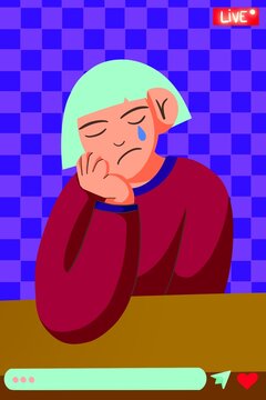 Short green haired person broadcasts live while crying with hand over his face