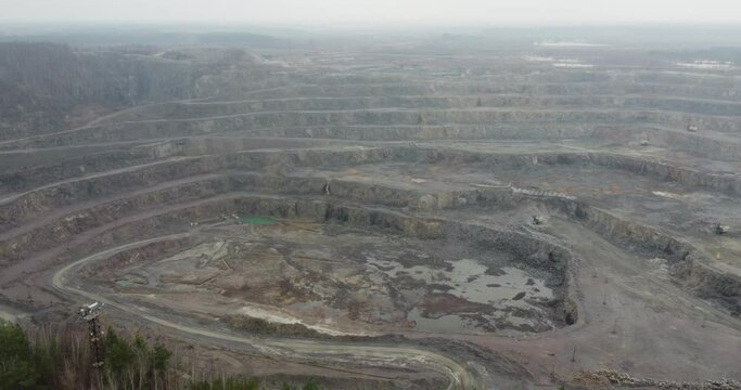Air view of an amber quarry. Panoramic view of the extraction of amber in the quarry