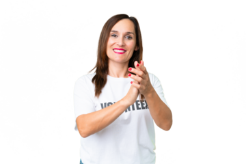 Middle age volunteer woman over isolated chroma key background applauding after presentation in a conference