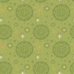 Stylish christmas  seamless pattern with snowflakes.  Bright repeat vector New Year background. Vintage style. Green, orange color. Suitable for packaging, wallpaper web-design, graphic design, card