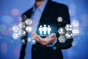 Businessman hold circle of network structure HR - Human resources. Business leadership concept. Management and recruitment or employment headhunting.