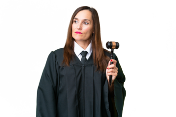 Judge caucasian woman  over isolated background looking to the side
