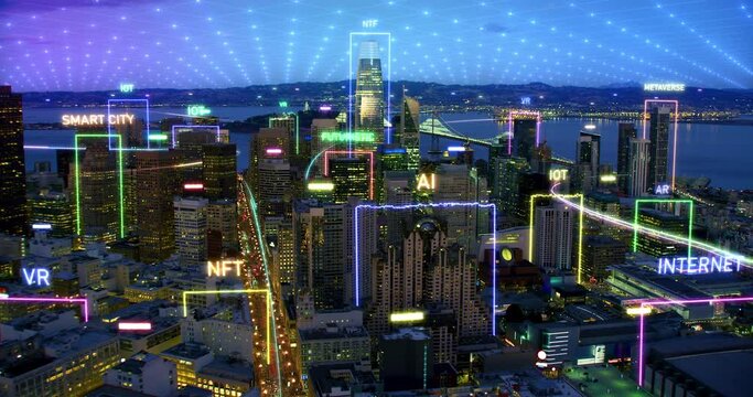 Beautiful Aerial View of San Francisco Skyline at Dusk. Several Words with High Tech Concepts Appearing over the Skyscrapers. Computer Network and Grids. Smart City, Augmented Reality, Virtual Reality
