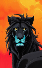 Black brutal lion portrait illustration, digital painting art. Wild lion face
