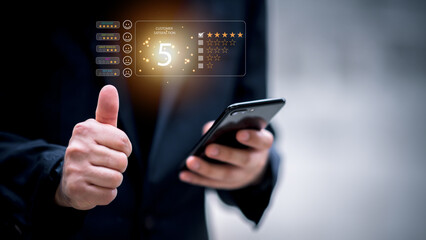 Customer can evaluate quality of service leading to reputation ranking of business.Customer review satisfaction feedback survey concept, User give rating to service experience on online application.