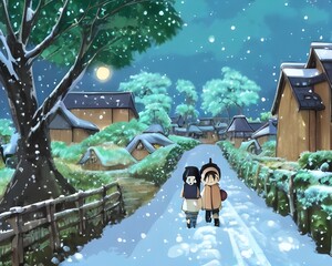 It's a beautiful winter scene. The village is blanketed in snow and the air is crisp and cold. The houses are decorated for Christmas with wreaths on the doors and candles in the windows. There's a ch