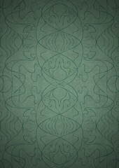 Hand-drawn unique abstract symmetrical seamless ornament. Dark semi transparent green on a light cold green with vignette of a darker background color. Paper texture. A4. (pattern: p02-1d)