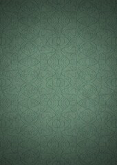 Hand-drawn unique abstract symmetrical seamless ornament. Dark semi transparent green on a light cold green with vignette of a darker background color. Paper texture. A4. (pattern: p02-1e)