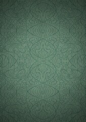 Hand-drawn unique abstract symmetrical seamless ornament. Dark semi transparent green on a light cold green with vignette of a darker background color. Paper texture. A4. (pattern: p02-2d)