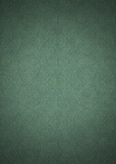 Hand-drawn unique abstract symmetrical seamless ornament. Dark semi transparent green on a light cold green with vignette of a darker background color. Paper texture. A4. (pattern: p02-2e)