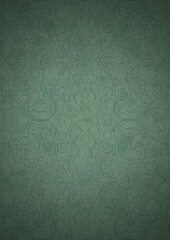 Hand-drawn unique abstract symmetrical seamless ornament. Dark semi transparent green on a light cold green with vignette of a darker background color. Paper texture. A4. (pattern: p07-1d)
