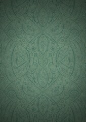 Hand-drawn unique abstract symmetrical seamless ornament. Dark semi transparent green on a light cold green with vignette of a darker background color. Paper texture. A4. (pattern: p08-2d)