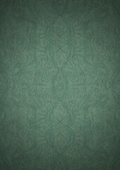 Hand-drawn unique abstract symmetrical seamless ornament. Dark semi transparent green on a light cold green with vignette of a darker background color. Paper texture. A4. (pattern: p09d)