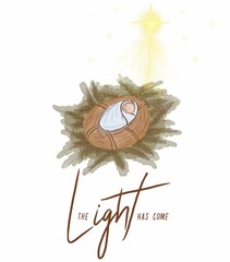 Baby Jesus lying on the hay in a manger. Stylish merry Christmas card design with wish text