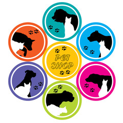 Obraz premium Pet shop poster with silhouettes of different dogs and cats in colored circles