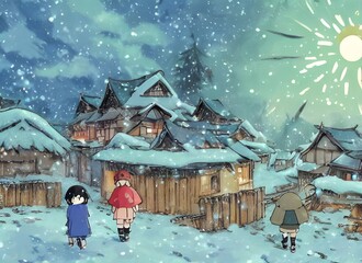 The snow is falling gently on the houses and trees of the village. Smoke rises from chimneys, and lights twinkle in windows. It's a peaceful scene.