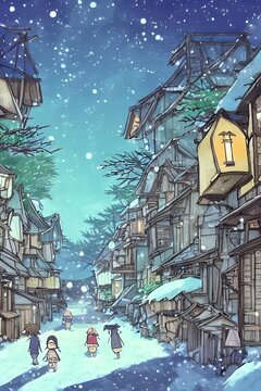 The houses in the village are blanketed in snow, with thick icicles hanging from their roofs. Smoke rises from the chimneys and everything is still and silent except for the sound of distant church be