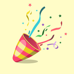 illustration of exploding party popper with confetti in cartoon style