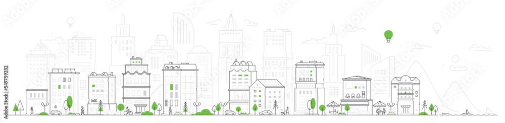 Poster cozy city with modern architecture - thin line design style vector illustration