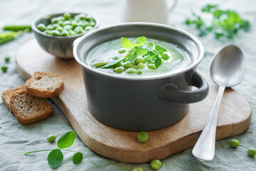 Fresh vegetable soup made of green peas
