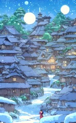 Obraz premium The snow is falling gently on the quaint little houses in the village, and a few people are milling about. The scene is so peaceful and calming.