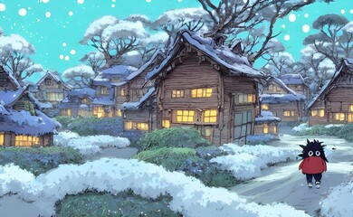 The scene is a winter village, with houses made of logs and stone. The roofs are covered in snow, and icicles hang from the eaves. Smoke rises from the chimneys, and lights twinkle in the windows. Nea