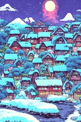 It's a winter village scene; there's a small church nestled between the houses, and snow is falling gently. The streets are empty, and it looks like everyone is inside cozy by their fireplaces. It's v