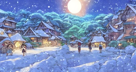 The scene is a winter village, with quaint houses and shops lining the streets. The snow is freshly fallen, and it's still falling gently from the sky. The air is crisp and cold.