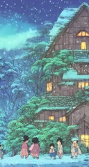 Obraz premium In the winter village, houses are blanketed in snow and smoke curls up from chimneys. Ice hangs off of tree branches and people walk around bundled in thick coats.