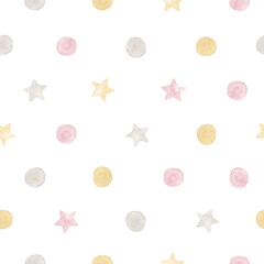 Watercolor seamless cute pattern with pastel color stars and dots. Isolated on white background. Hand drawn clipart. Perfect for card, fabric, tags, invitation, printing, wrapping.