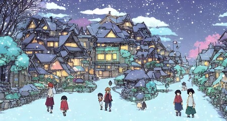 The present tense description of the winter village picture would be as follows: The houses in the village are all blanketed in snow, with icicles hanging off of their roofs. Smoke rises from each chi