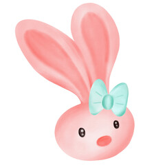 pink rabbit with green ribbon watercolor