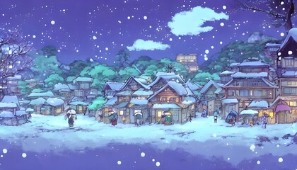 Fototapeta premium The snow is freshly fallen, a layer of white fluffiness coating the ground and rooftops alike. icicles hang dangerously from eaves, elongated crystals that shimmer in the weak sunlight. A wreath hangs