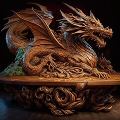 Dragon carving into wooden table