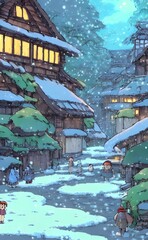 Obraz premium The houses are covered in a thick layer of snow, their roofs heavy with the weight. Smoke billows out of chimneys, curling up into the air and dissipating in the cold breeze. The streets are empty, sa