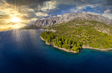 Obraz premium Croatia beach - panorama beautiful summer landscape with a sea and mountains.