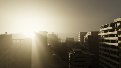 Hopeful destroyed war torn city skyline at sun rise