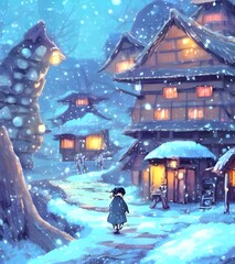 The winter village is a beautiful place. The village is decorated with lights and there are people walking around. The snow is falling gently and the air is cold.