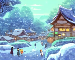 The village is blanketed in a layer of soft, glittering snow. The air is crisp and still. Thick icicles hang from the roofs of the houses and line the edges of window panes. A group of children are