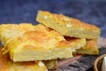 Bakery .Home made Ketogenic   cheese pie  with low carb  phyllo pastry, feta cheese  and organic eggs. Bulgarian banitsa in keto version. Gluten free diet food 