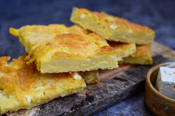 Bakery .Home made Ketogenic   cheese pie  with low carb  phyllo pastry, feta cheese  and organic eggs. Bulgarian banitsa in keto version. Gluten free diet food 