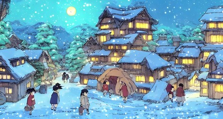I am standing in the middle of a winter village. The air is cold and crisp, and the ground is covered in a layer of soft white snow. In front of me is a large Christmas tree, decorated with lights and