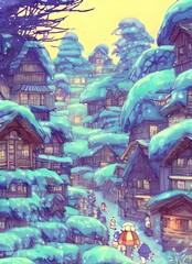 The snow is freshly dusted on the ground, trees and rooftops of the quaint village. The air is still and silent except for the sound of ice cracking as a gust of wind briefly blows through. A row of h