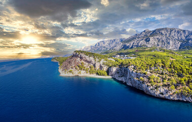 Obraz premium Town of Breal Makarska and Nugal mountain aerial panoramic view, Makarska riviera in Dalmatia, Croatia