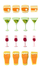 Whiskey martini liquor beer shot glass on white background. Cartoon sketch graphic design. Doodle style. Colored hand drawn image. Party drink concept for restaurant, cafe, party. Freehand drawing