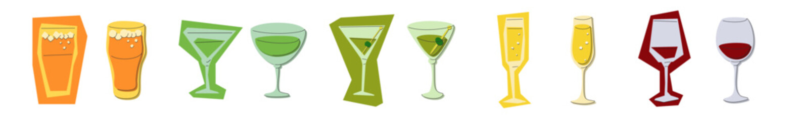 Beer vermouth martini champagne red wine glass on white background. Cartoon sketch graphic design. Flat style. Colored hand drawn image. Party drink concept for restaurant, cafe, party. Freehand drawi